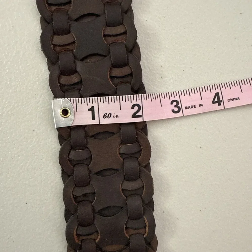 Brown Woven Linked Leather Belt with Silver Colored Round Buckle Size Medium